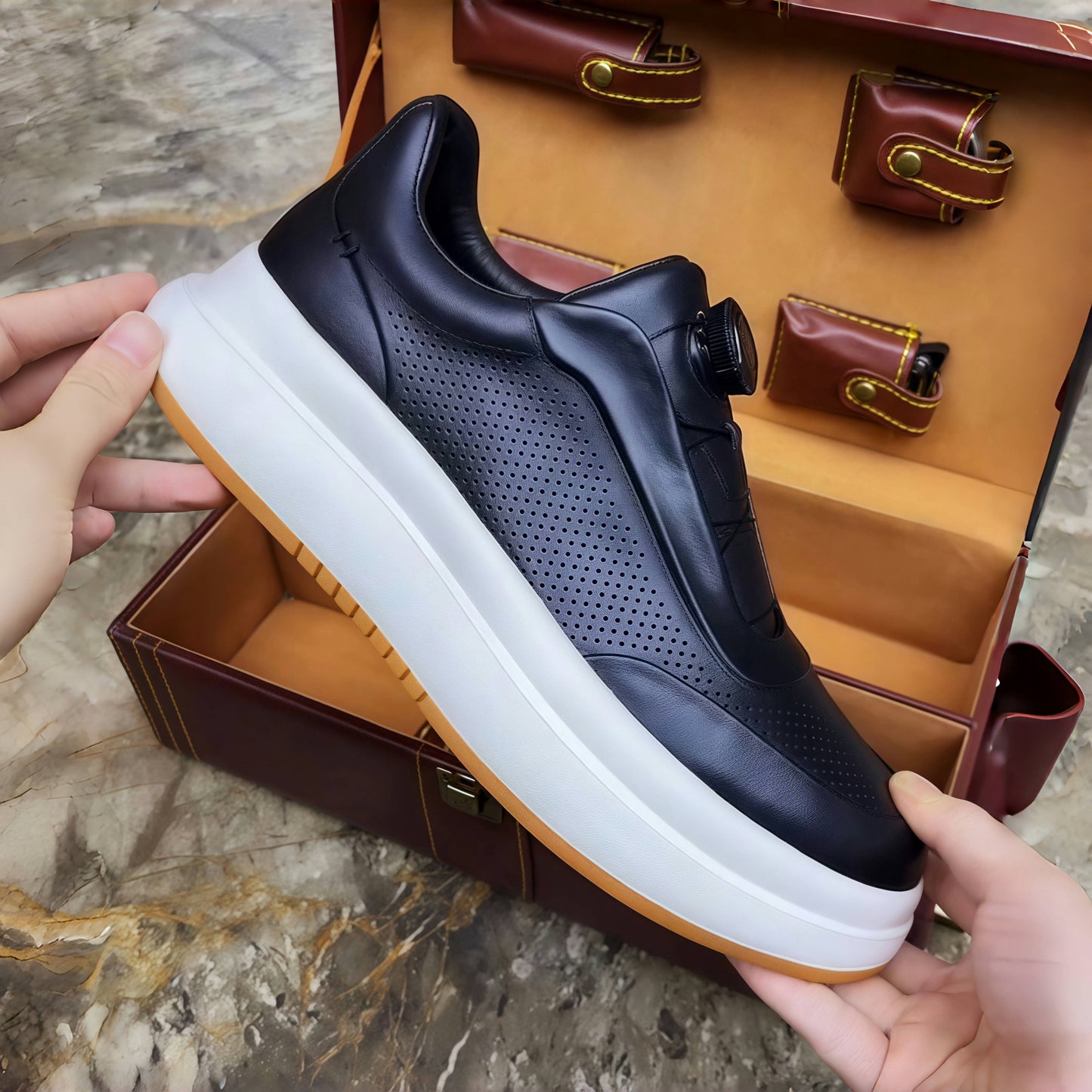 New style genuine leather breathable popcorn lightweight men's sports shoes