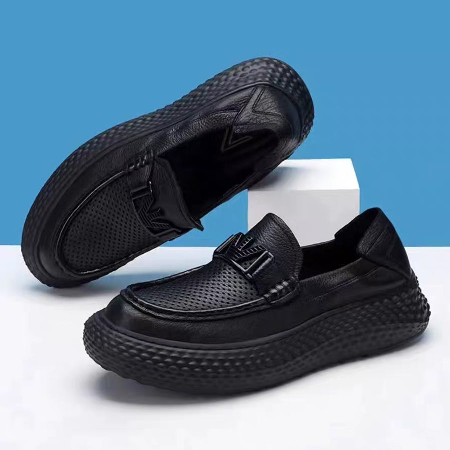 Crocodile-Textured Genuine Leather Slip-On Loafers – Breathable Hollow-Out Design with Chunky Platform Sole