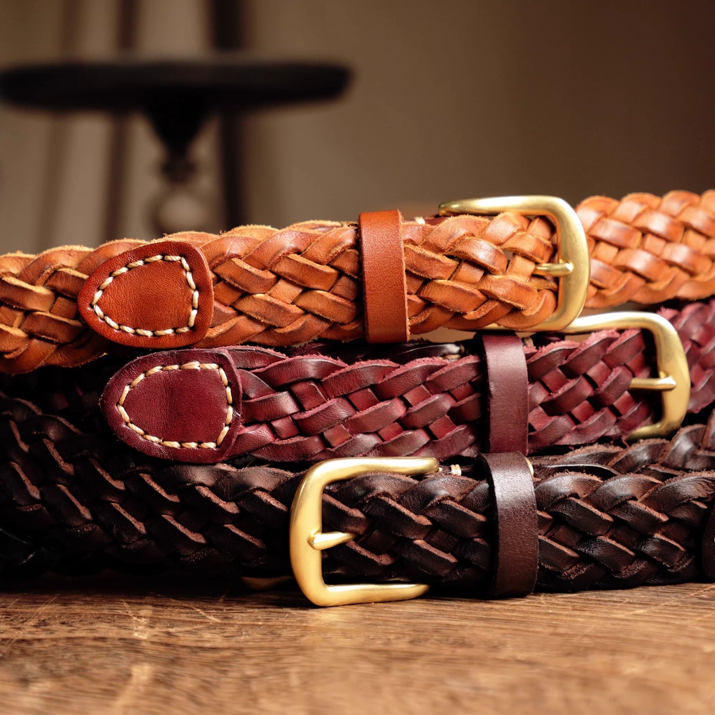 Handwoven Full-Grain Leather Belt - Solid Brass Buckle Dress & Casual Belt