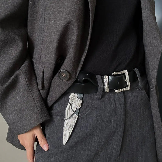 Luxury retro metal carved leather belt