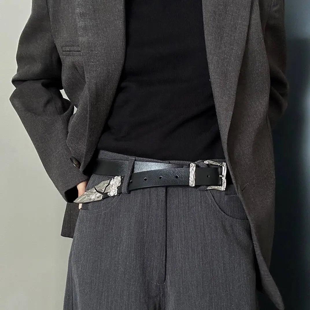 Luxury retro metal carved leather belt