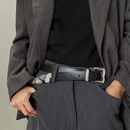 Luxury retro metal carved leather belt