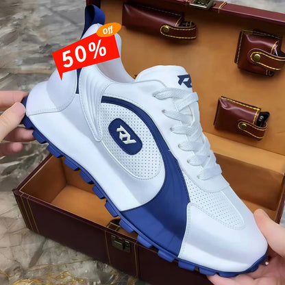 Italy Men's Breathable Casual Sneakers-Genuine Top Grain Leather Soft Soled Running Shoes