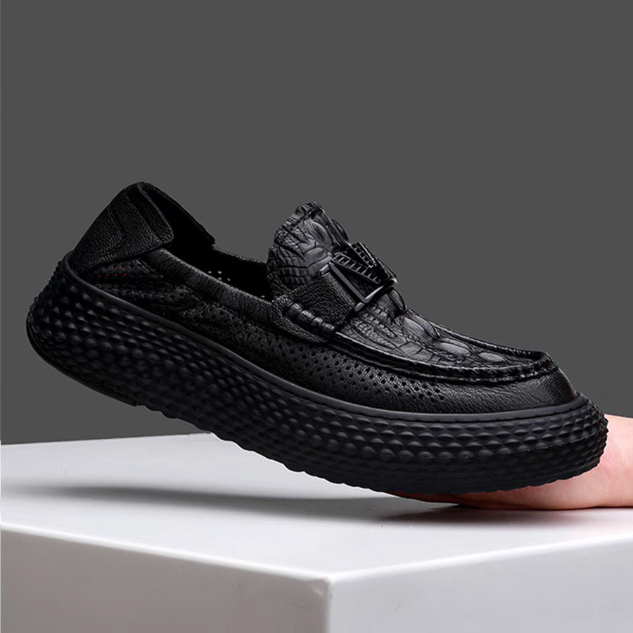 Crocodile-Textured Genuine Leather Slip-On Loafers – Breathable Hollow-Out Design with Chunky Platform Sole