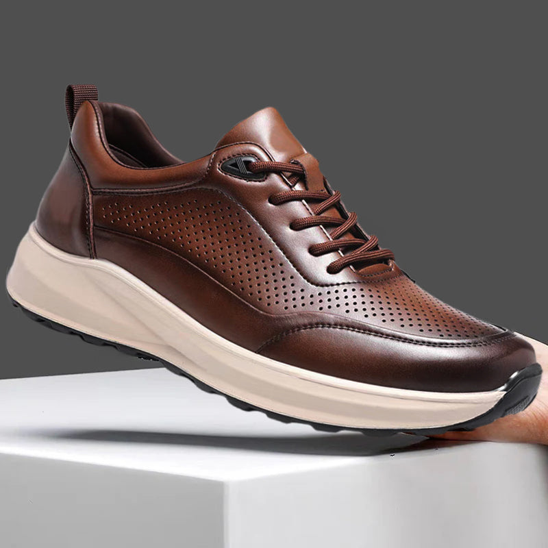 New Men's Genuine Leather Hybrid Office Sneakers - Breathable Perforated Design & Cloud Cushion Midsole for Business Casual & Travel
