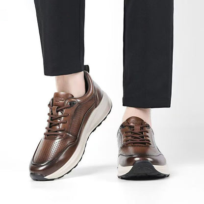 New Men's Genuine Leather Hybrid Office Sneakers - Breathable Perforated Design & Cloud Cushion Midsole for Business Casual & Travel