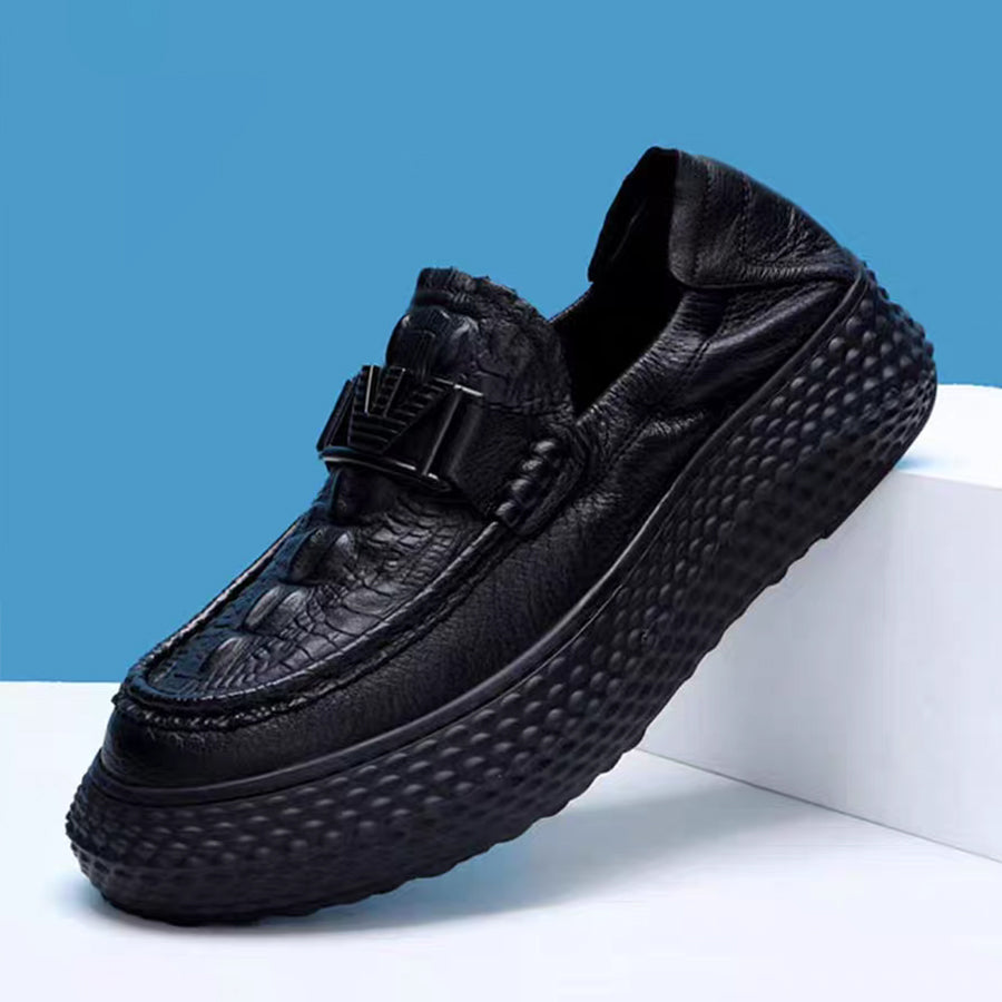 Crocodile-Textured Genuine Leather Slip-On Loafers – Breathable Hollow-Out Design with Chunky Platform Sole
