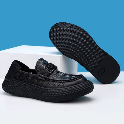 Crocodile-Textured Genuine Leather Slip-On Loafers – Breathable Hollow-Out Design with Chunky Platform Sole