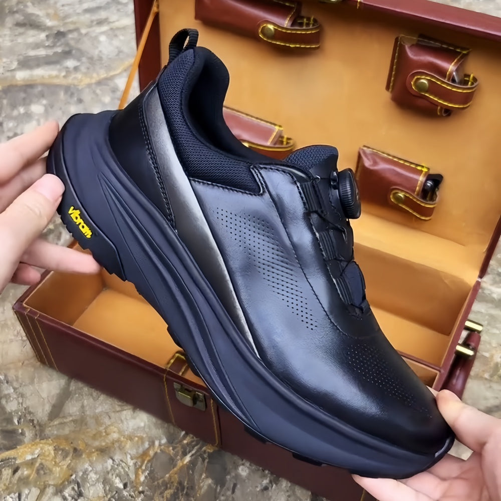 New thick-soled black leather rotating button running shoes