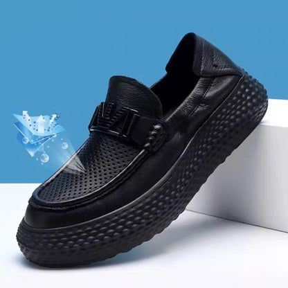 Crocodile-Textured Genuine Leather Slip-On Loafers – Breathable Hollow-Out Design with Chunky Platform Sole