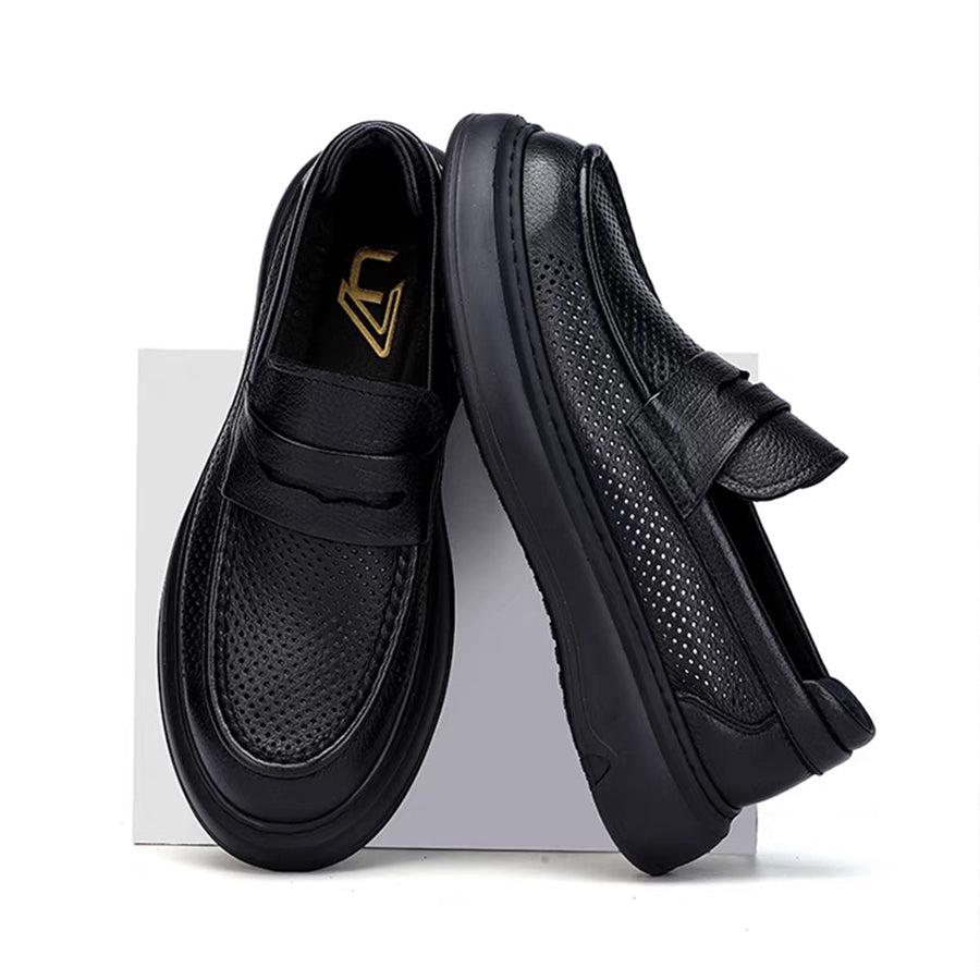 Premium Perforated Leather Slip-On Loafers - Business Casual Elegance with All-Day Comfort