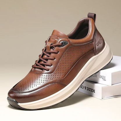 New Men's Genuine Leather Hybrid Office Sneakers - Breathable Perforated Design & Cloud Cushion Midsole for Business Casual & Travel