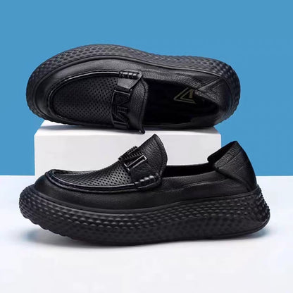 Crocodile-Textured Genuine Leather Slip-On Loafers – Breathable Hollow-Out Design with Chunky Platform Sole