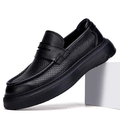 Premium Perforated Leather Slip-On Loafers - Business Casual Elegance with All-Day Comfort