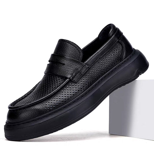 Premium Perforated Leather Slip-On Loafers - Business Casual Elegance with All-Day Comfort