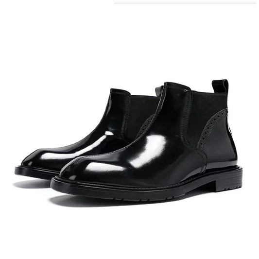 Botas Chelsea de piel auténtica con punta cuadrada para hombre | Zapatos de vestir casuales de caña alta