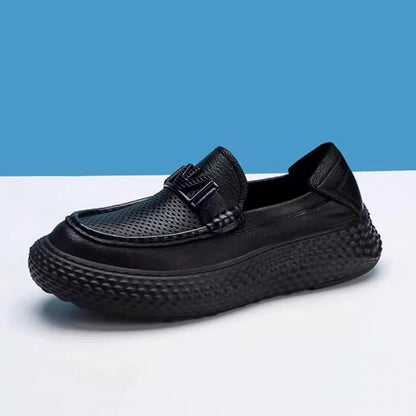 Crocodile-Textured Genuine Leather Slip-On Loafers – Breathable Hollow-Out Design with Chunky Platform Sole