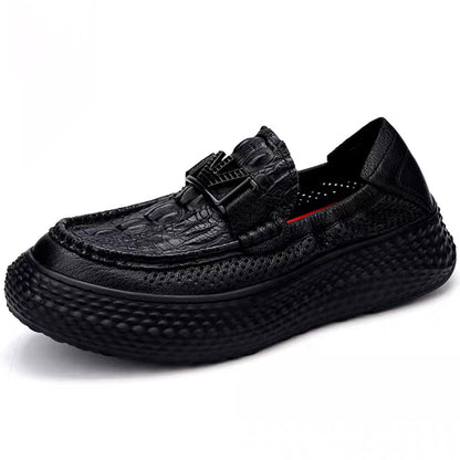 Crocodile-Textured Genuine Leather Slip-On Loafers – Breathable Hollow-Out Design with Chunky Platform Sole