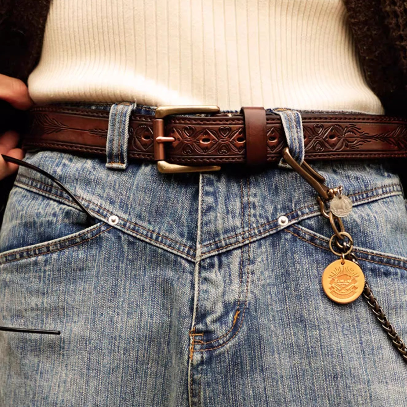 Heritage Leather Collection - Hand-Tooled Western Belt & Jeans Bundle