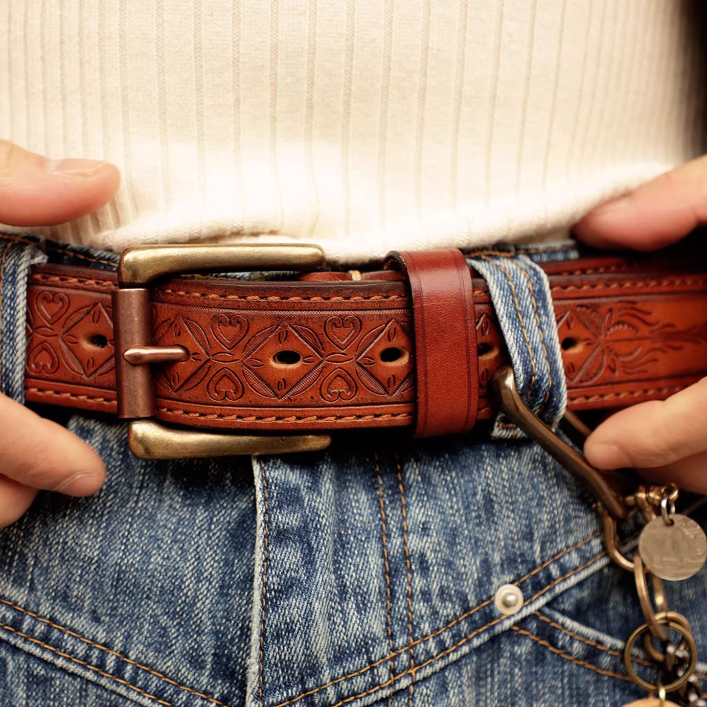 Heritage Leather Collection - Hand-Tooled Western Belt & Jeans Bundle
