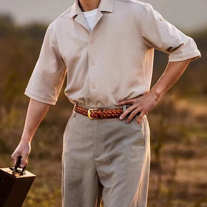 Handwoven Full-Grain Leather Belt - Solid Brass Buckle Dress & Casual Belt