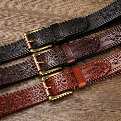Heritage Leather Collection - Hand-Tooled Western Belt & Jeans Bundle