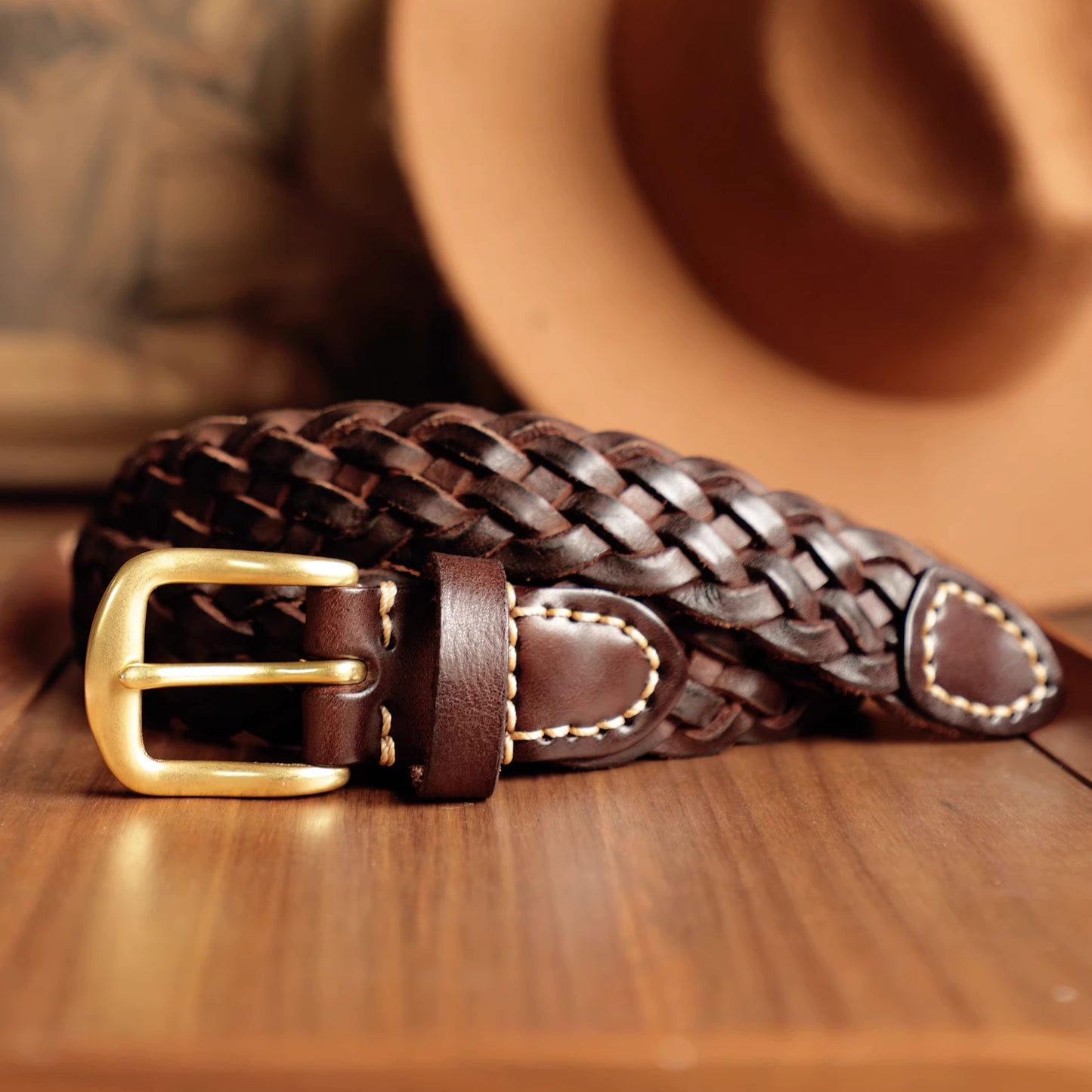 Handwoven Full-Grain Leather Belt - Solid Brass Buckle Dress & Casual Belt