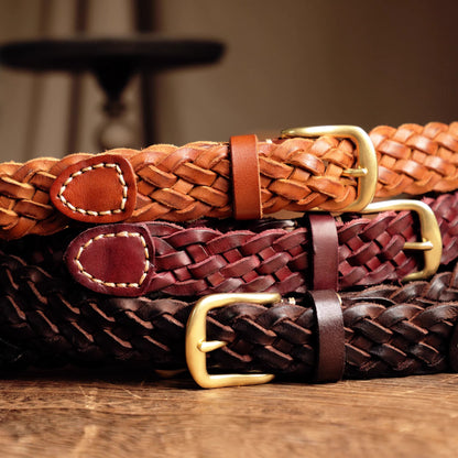 Handwoven Full-Grain Leather Belt - Solid Brass Buckle Dress & Casual Belt