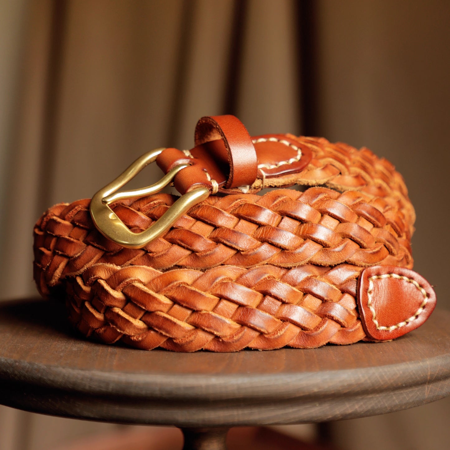 Handwoven Full-Grain Leather Belt - Solid Brass Buckle Dress & Casual Belt