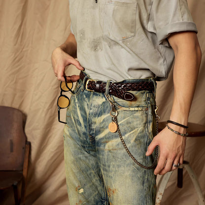 Handwoven Full-Grain Leather Belt - Solid Brass Buckle Dress & Casual Belt