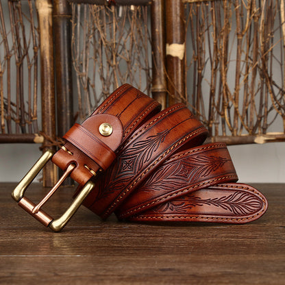 Heritage Leather Collection - Hand-Tooled Western Belt & Jeans Bundle
