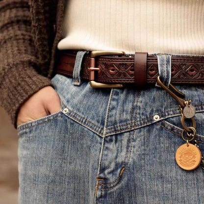 Heritage Leather Collection - Hand-Tooled Western Belt & Jeans Bundle