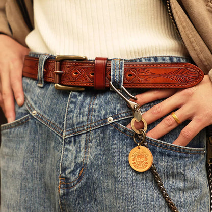 Heritage Leather Collection - Hand-Tooled Western Belt & Jeans Bundle
