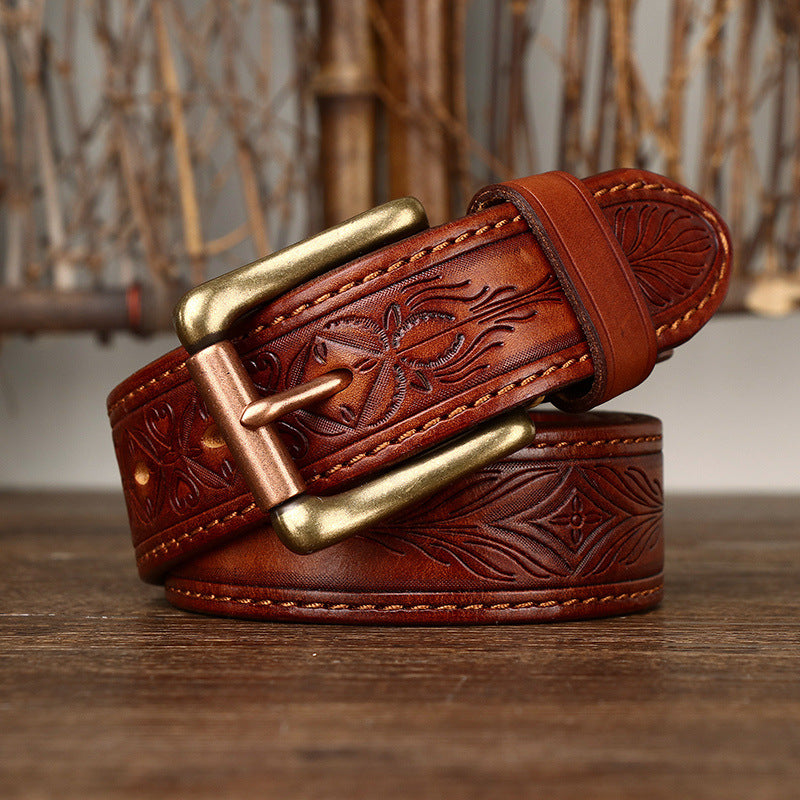 Heritage Leather Collection - Hand-Tooled Western Belt & Jeans Bundle