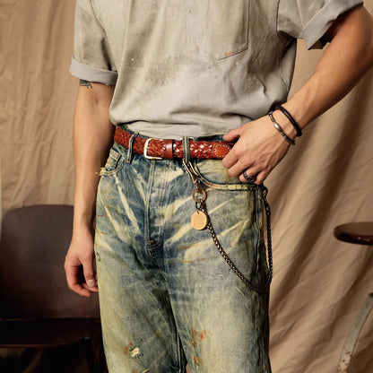 Handwoven Full-Grain Leather Belt - Solid Brass Buckle Dress & Casual Belt