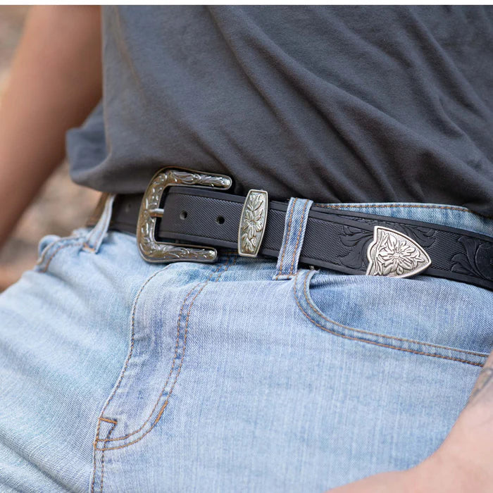 Western-Gürtel aus handgefertigtem Vollnarbenleder in Metallic-Silber und Schwarz