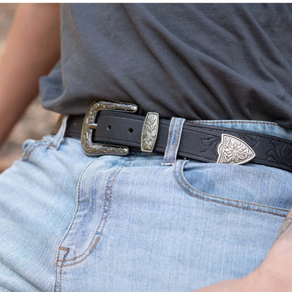 Western-Gürtel aus handgefertigtem Vollnarbenleder in Metallic-Silber und Schwarz