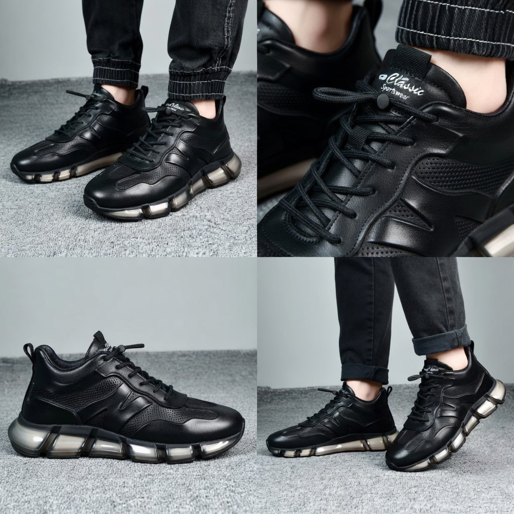 Italy Men's Breathable Casual Sneakers-Genuine Top Grain Leather Soft Soled Running Shoes