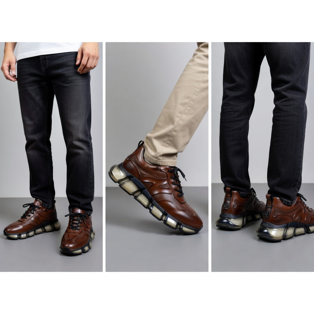 Italy Men's Breathable Casual Sneakers-Genuine Top Grain Leather Soft Soled Running Shoes