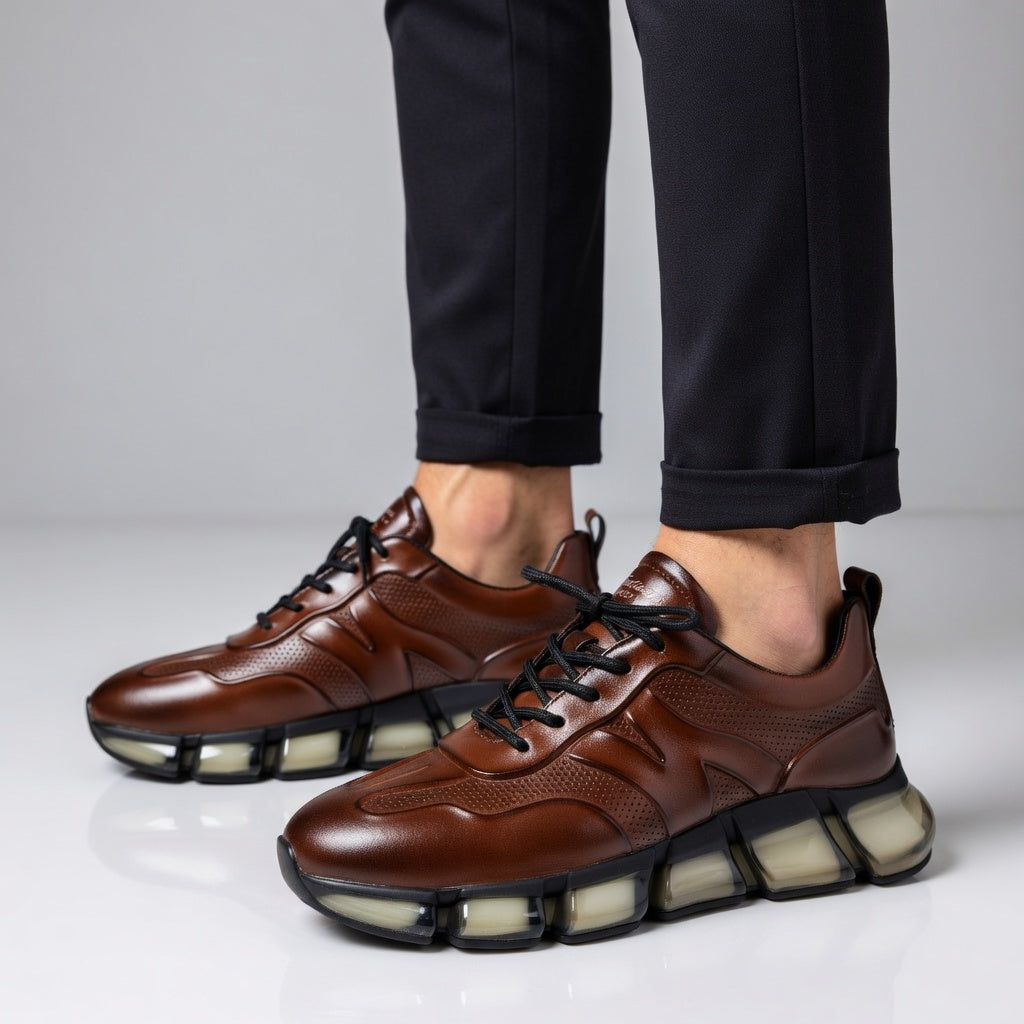 Italy Men's Breathable Casual Sneakers-Genuine Top Grain Leather Soft Soled Running Shoes