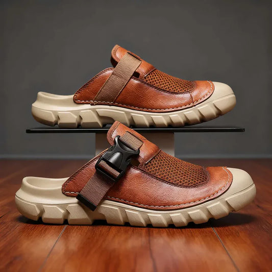 Runeasily Men's Leather Mule Sneakers - Adjustable Strap Breathable Casual Slip-On Shoes