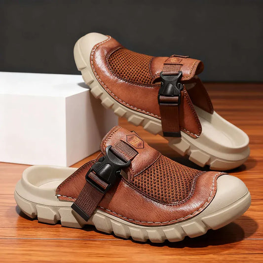Runeasily Men's Leather Mule Sneakers - Adjustable Strap Breathable Casual Slip-On Shoes